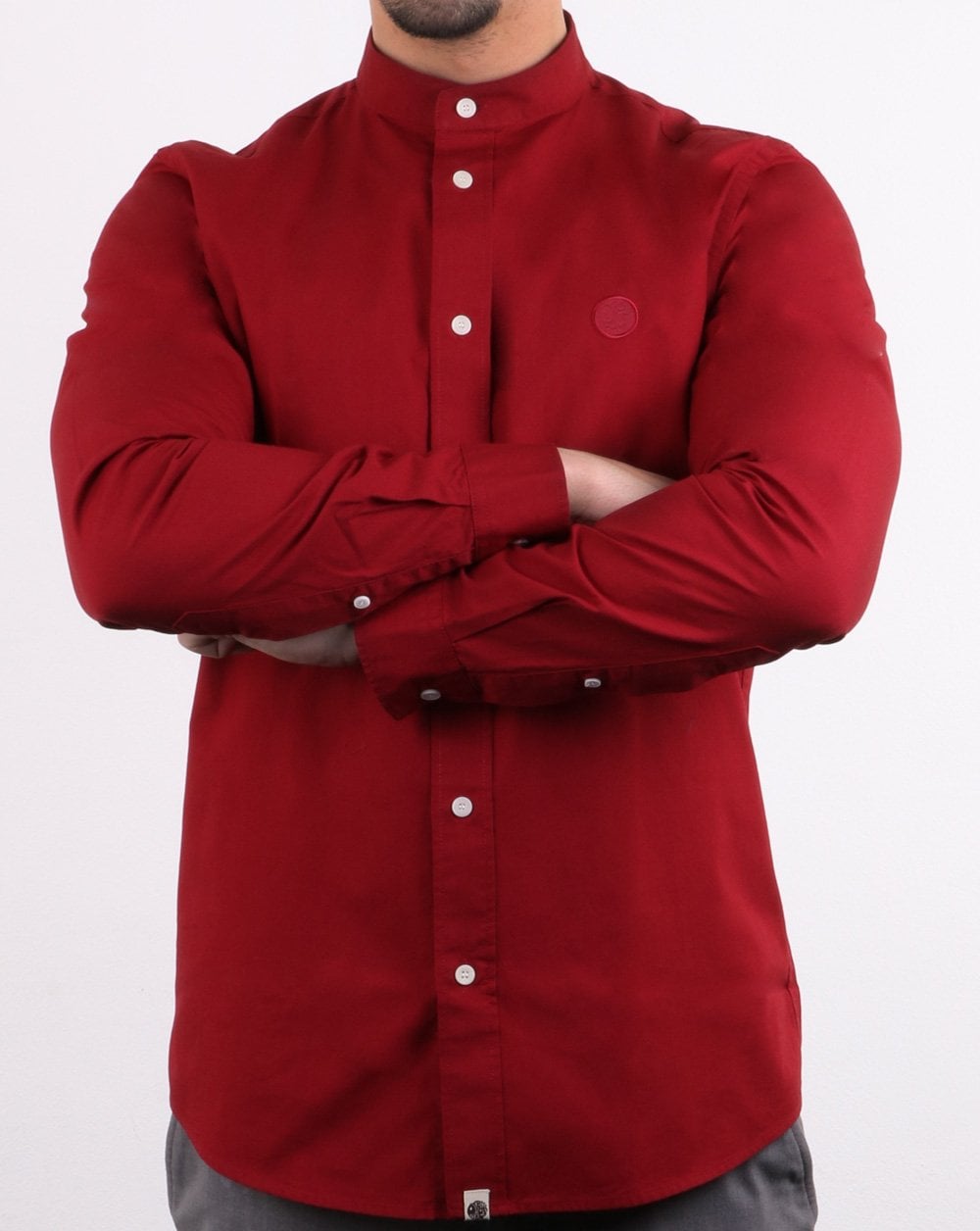 Pretty Green Mens Slim Fit Collarless Shirt Red