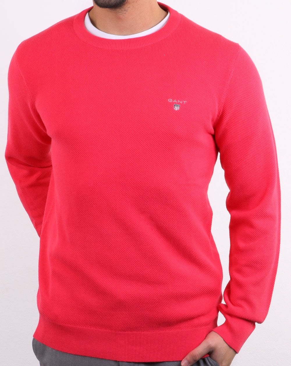 Gant – Piqué-Pullover mit Rundhalsausschnitt, Wassermelonenrot