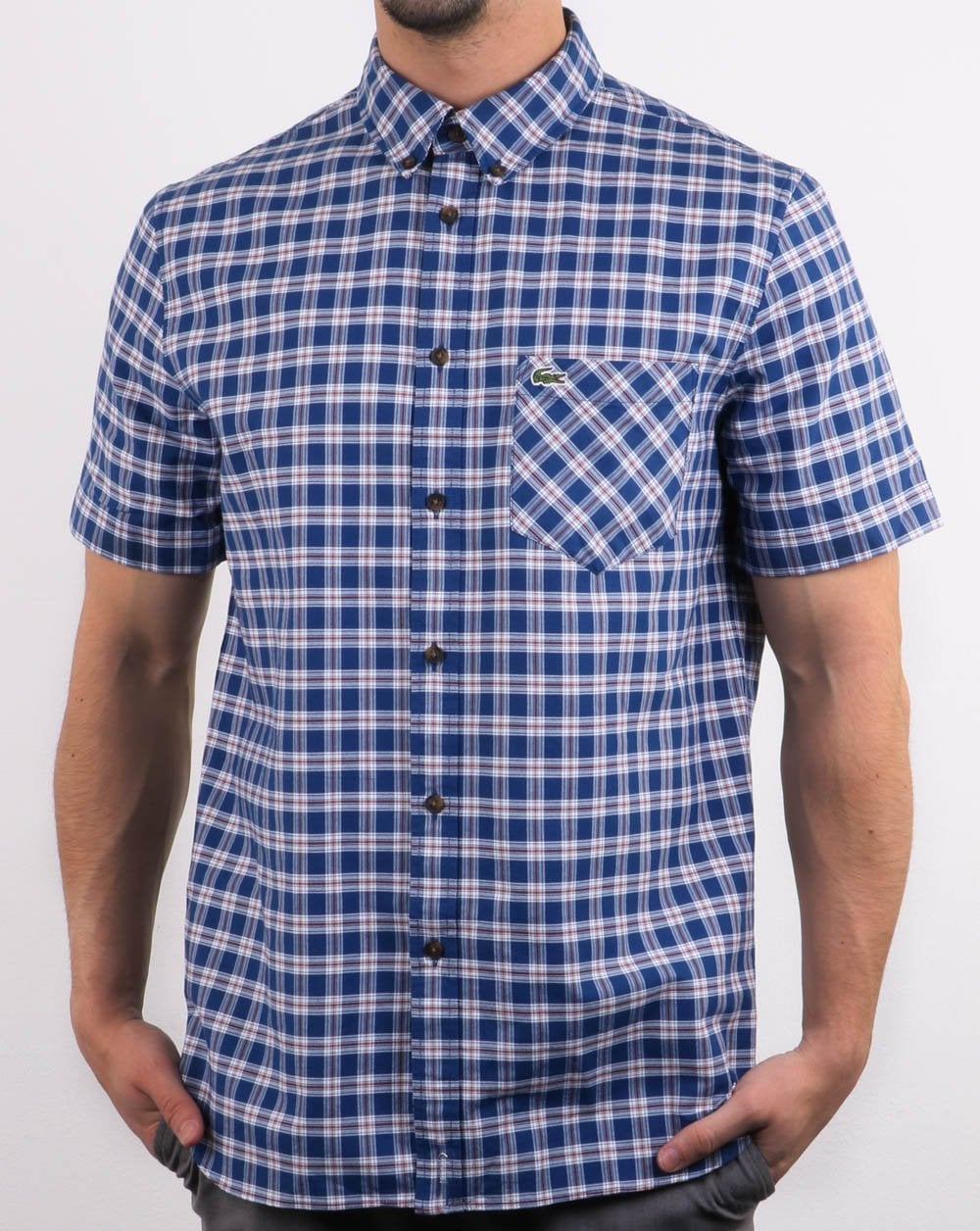 Lacoste – Kurzärmliges Karohemd, Marineblau/Weiß