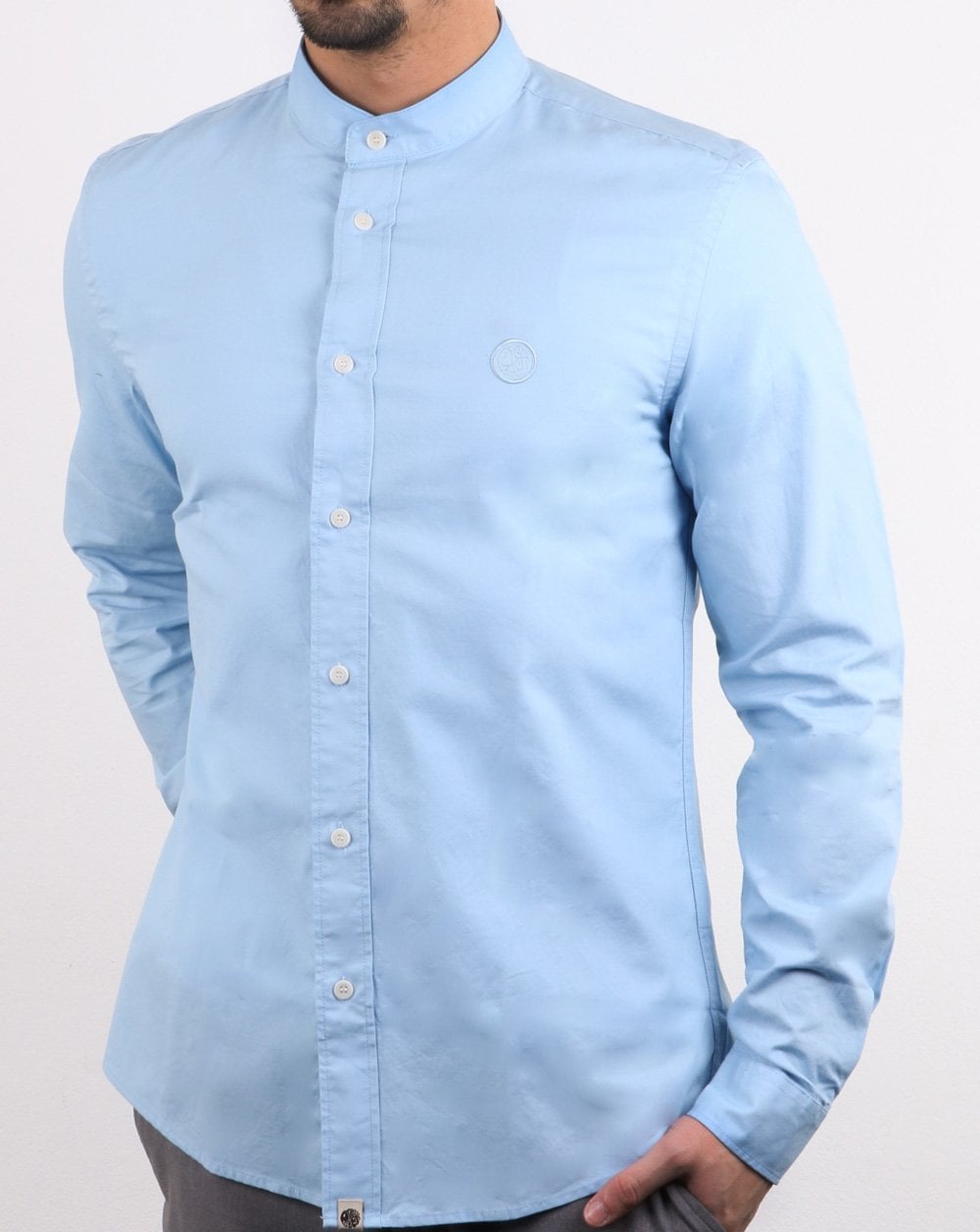 Pretty Green Herren Slim Fit Kragenloses Hemd Blau