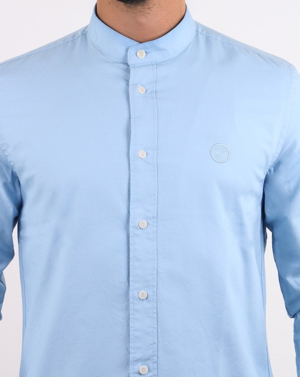 Pretty Green Herren Slim Fit Kragenloses Hemd Blau