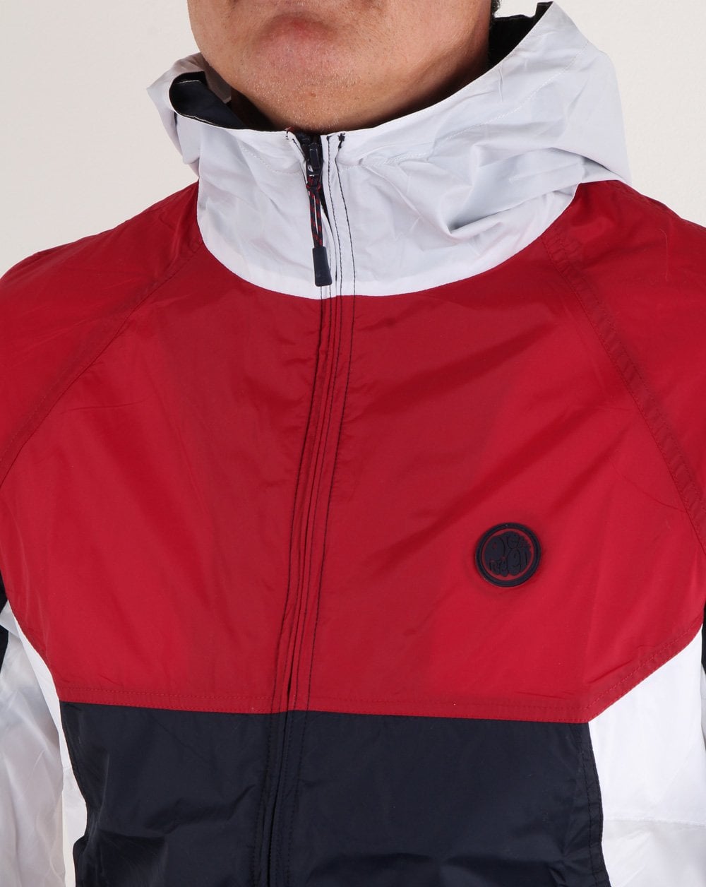 Pretty Green – Kontrastjacke mit durchgehendem Reißverschluss und Kapuze, Rot/Marineblau