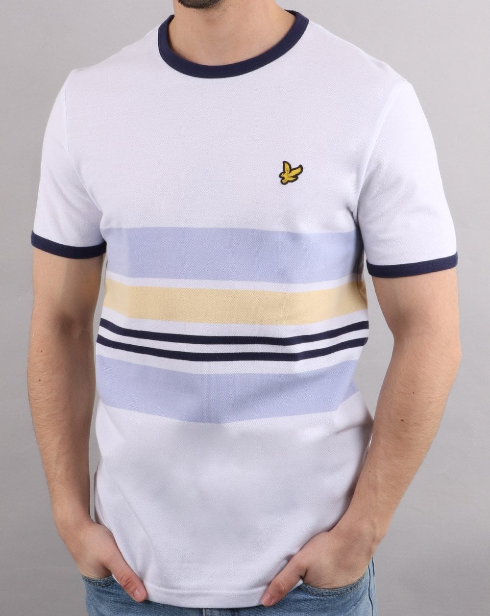 Lyle And Scott Ringer-T-Shirt mit Piqué-Streifen, Weiß/Hellblau/Gelb