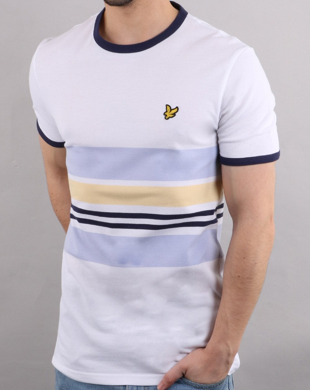 Lyle And Scott Ringer-T-Shirt mit Piqué-Streifen, Weiß/Hellblau/Gelb