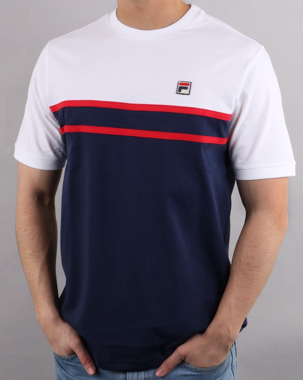 Fila Vintage Split gestreiftes T-Shirt Marineblau/Weiß/Rot