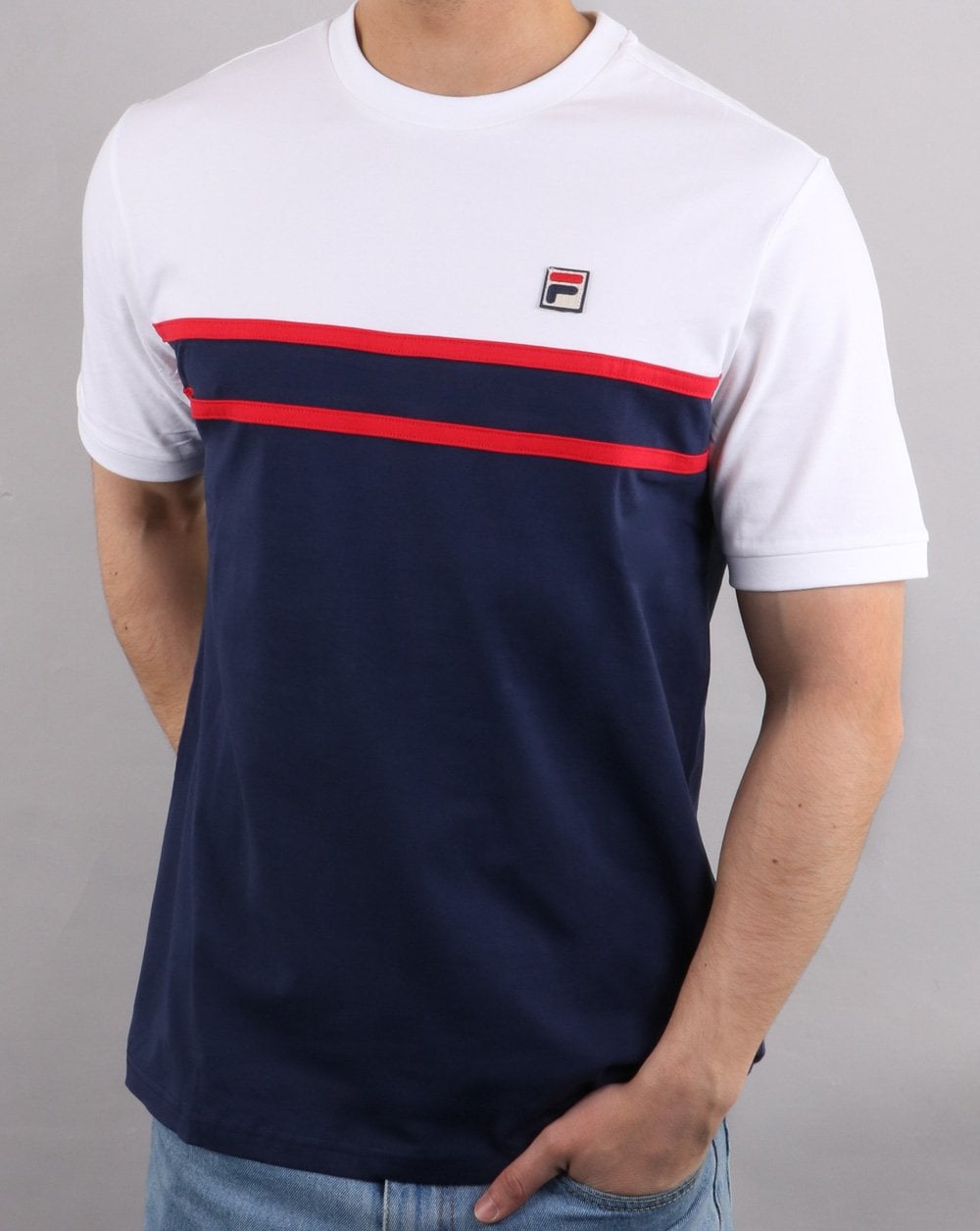 Fila Vintage Split gestreiftes T-Shirt Marineblau/Weiß/Rot
