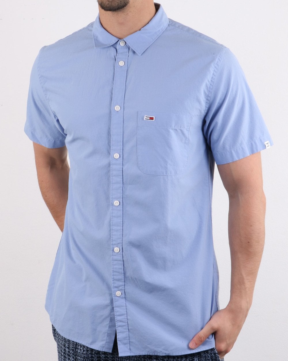 Tommy Jeans Kurzarm-Popeline-Hemd, Himmelblau