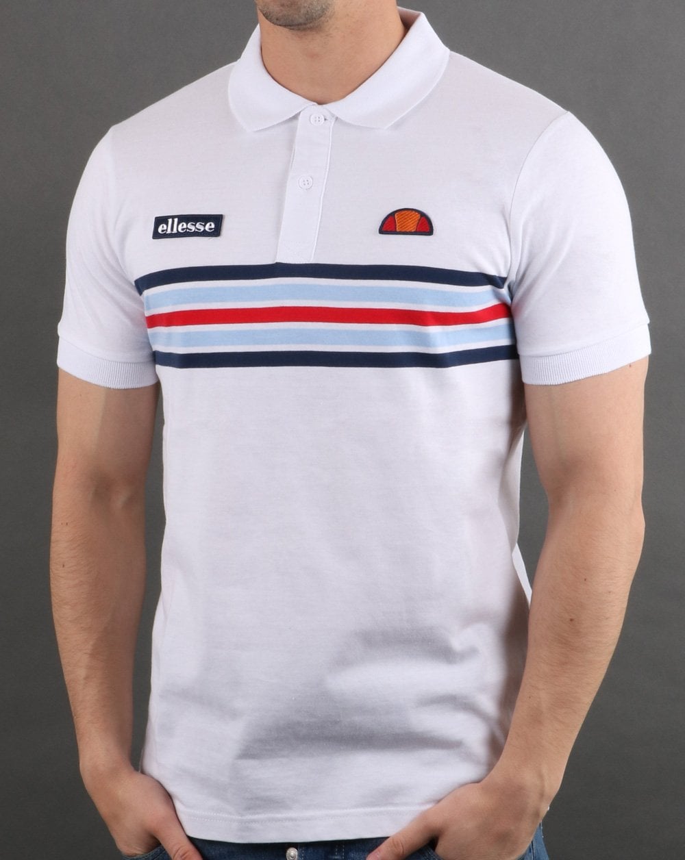 Ellesse – Poloshirt mit mehrfarbigen Streifen in Weiß