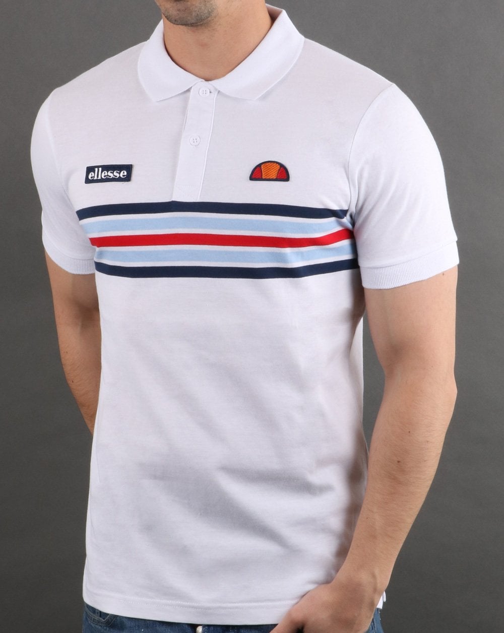 Ellesse – Poloshirt mit mehrfarbigen Streifen in Weiß