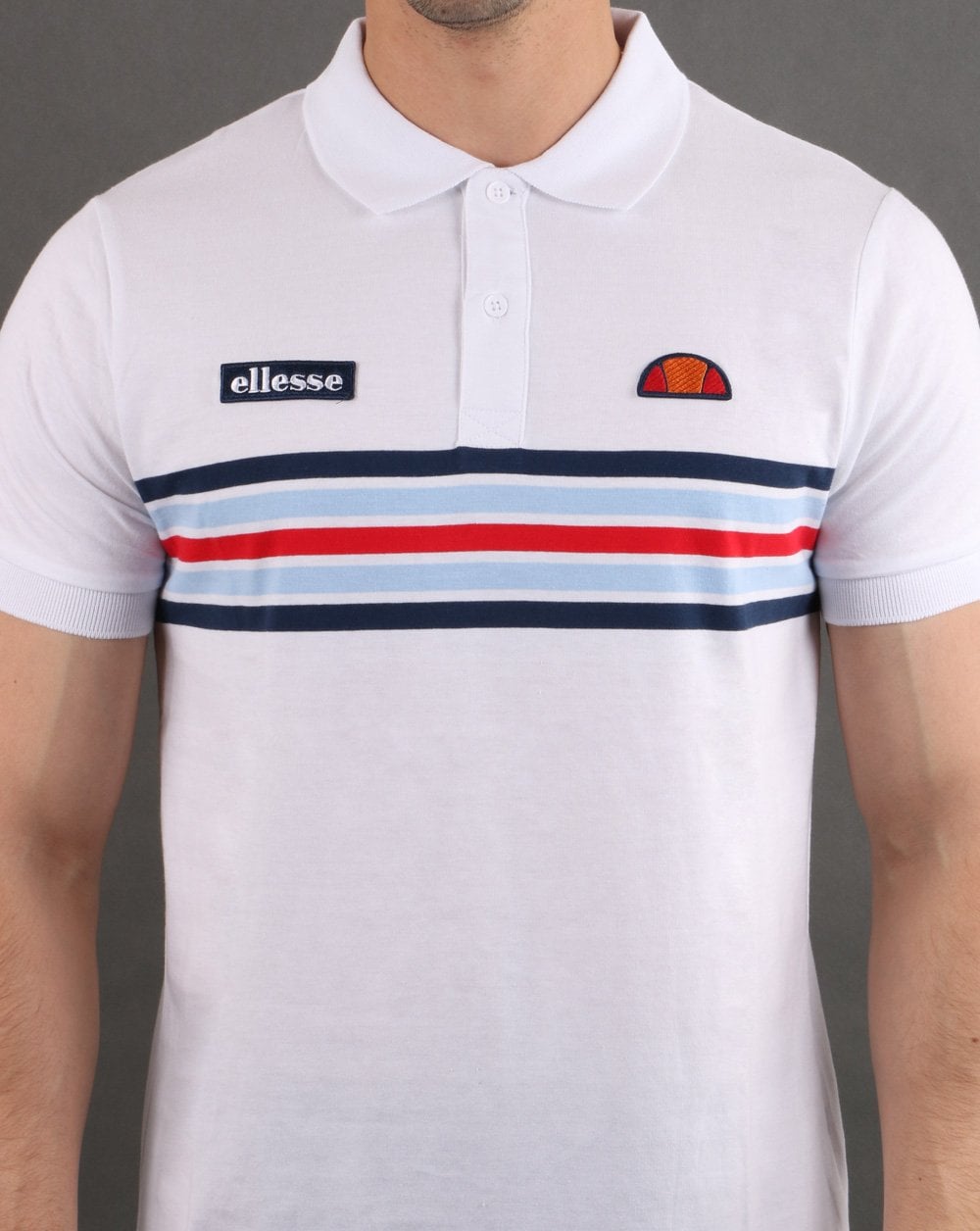 Ellesse – Poloshirt mit mehrfarbigen Streifen in Weiß