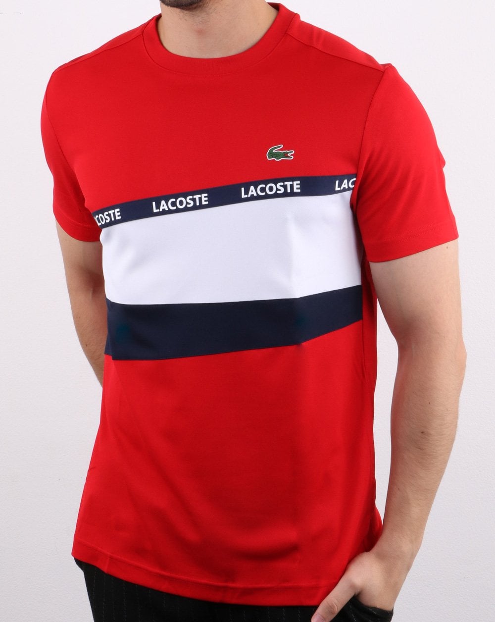 Lacoste Stripe Block T-Shirt Rot/Marineblau/Weiß