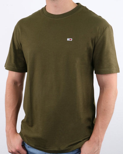 Tommy Hilfiger – T-Shirt mit kontrastierendem Halsausschnitt und gewaschener Optik in Olivgrün
