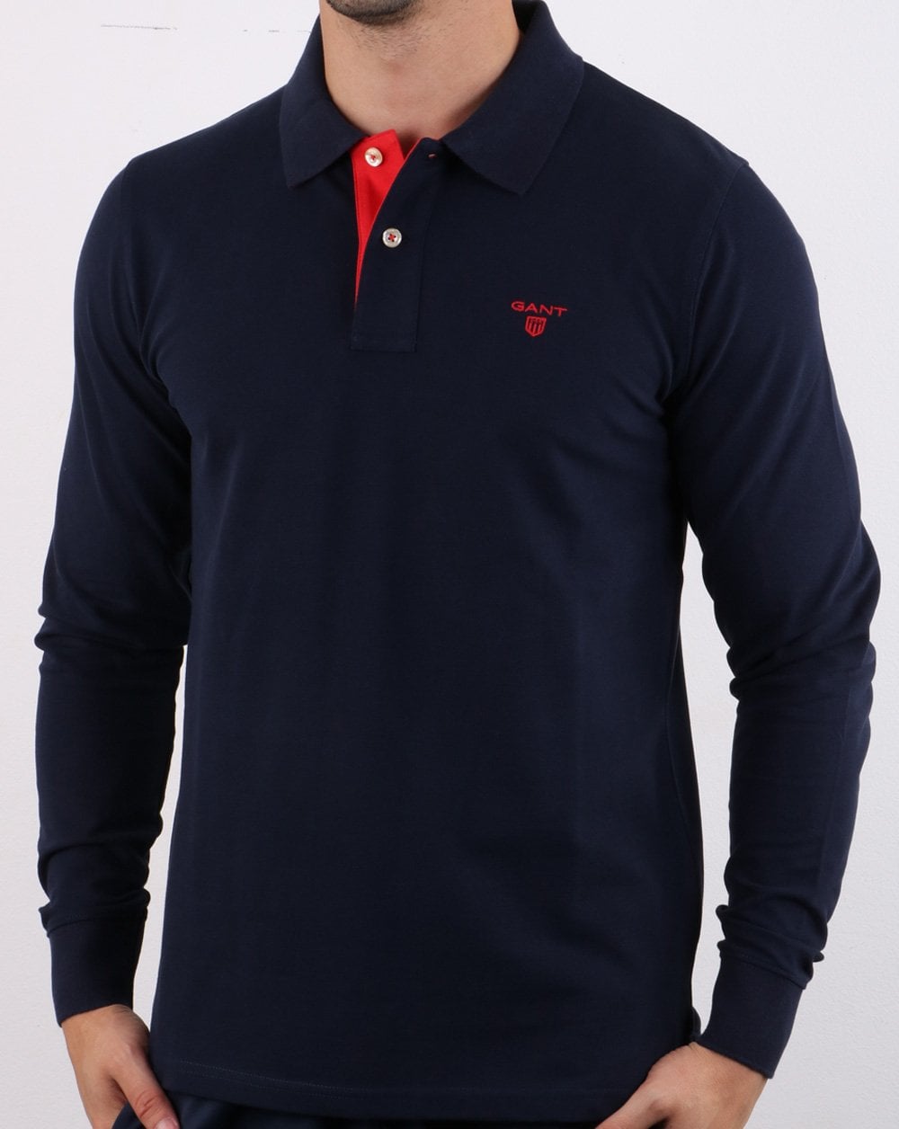 Gant Contrast Long Sleeve Polo Shirt Evening Blue