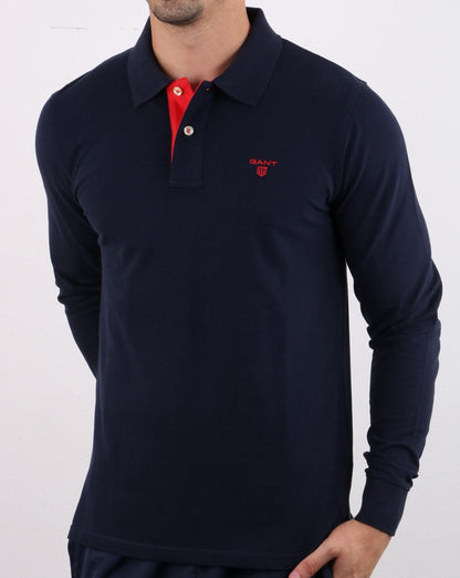 Gant – Langarm-Poloshirt mit Kontrastmuster, Abendblau