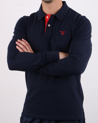 Gant – Langarm-Poloshirt mit Kontrastmuster, Abendblau