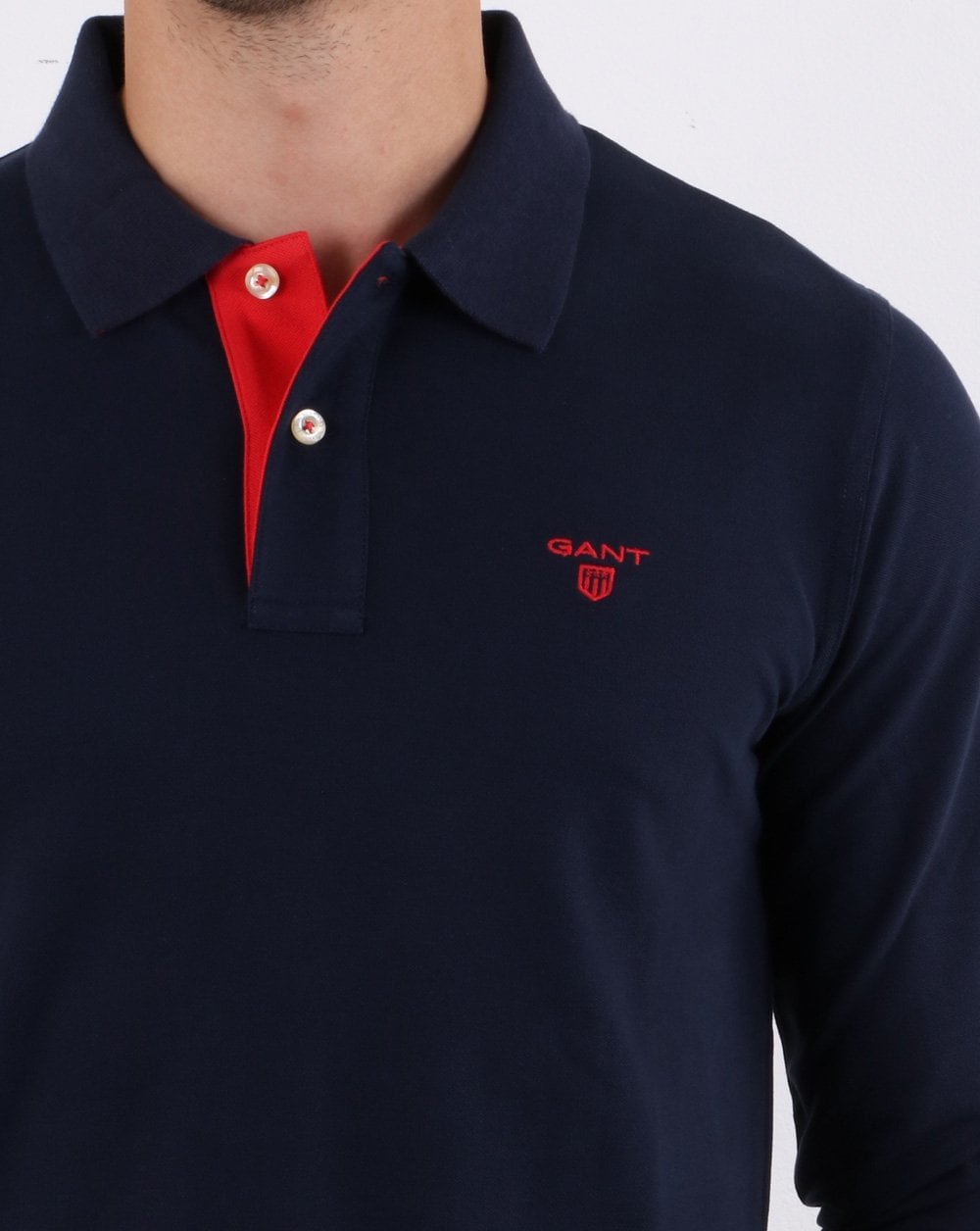 Gant – Langarm-Poloshirt mit Kontrastmuster, Abendblau