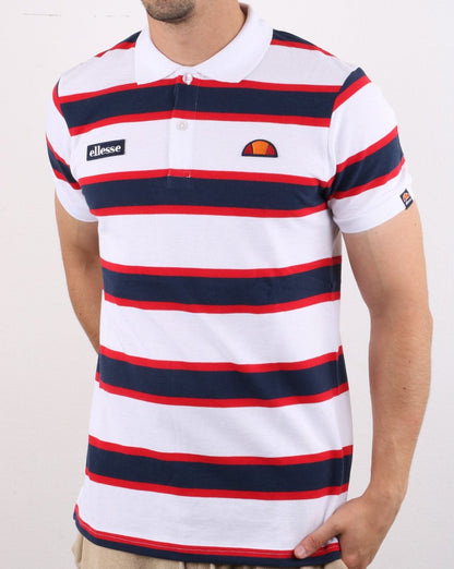 Ellesse – Poloshirt mit kräftigen Streifen, Weiß/Marineblau/Rot