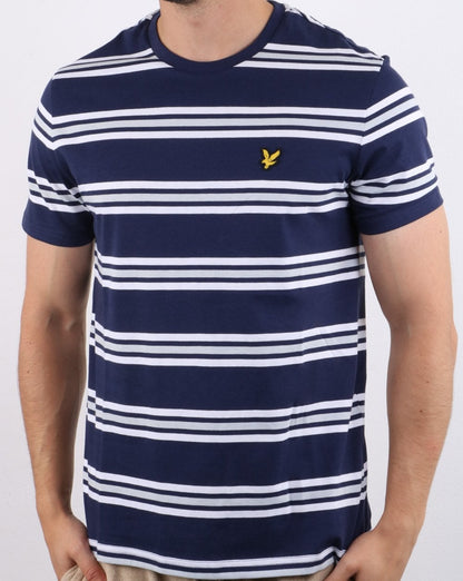 Lyle And Scott – T-Shirt mit mehrfarbigen Streifen in Marineblau