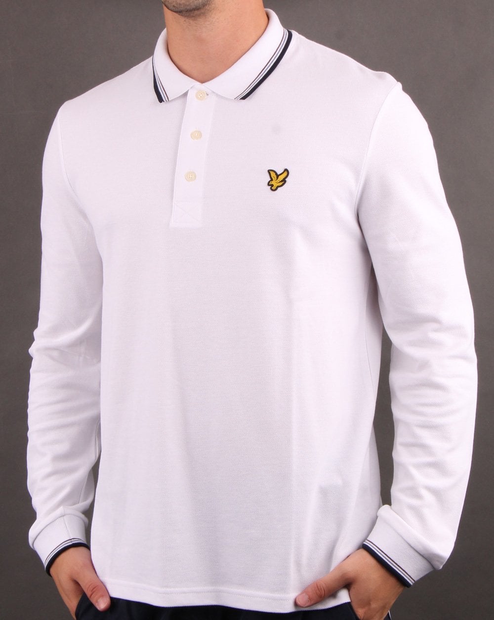 Lyle And Scott Langärmliges Poloshirt mit Streifenmuster, Weiß/Marineblau