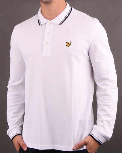 Lyle And Scott Langärmliges Poloshirt mit Streifenmuster, Weiß/Marineblau