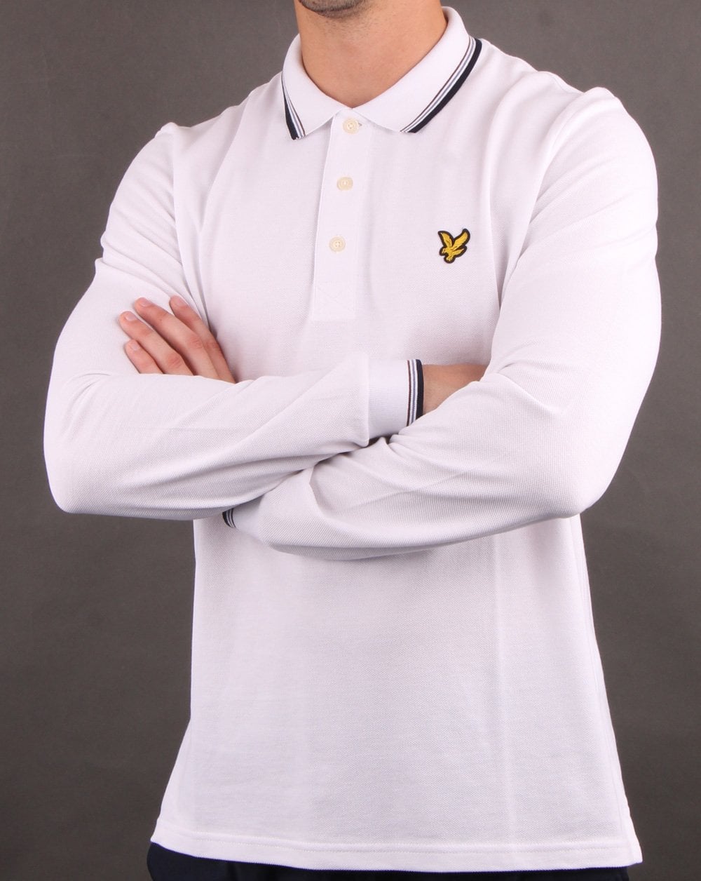 Lyle And Scott Langärmliges Poloshirt mit Streifenmuster, Weiß/Marineblau