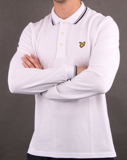Lyle And Scott Langärmliges Poloshirt mit Streifenmuster, Weiß/Marineblau