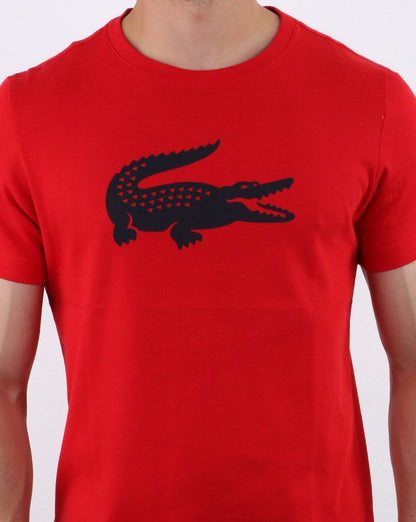 Lacoste – T-Shirt mit Krokodil-Print, Rot/Marineblau
