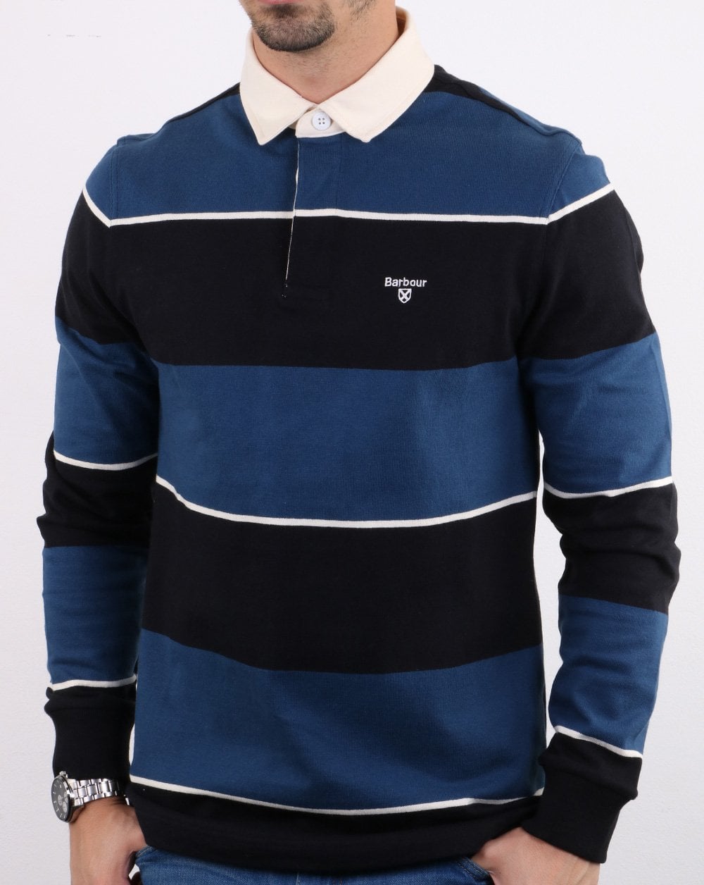 Barbour – Lark – Gestreiftes Rugby-Shirt in Marineblau
