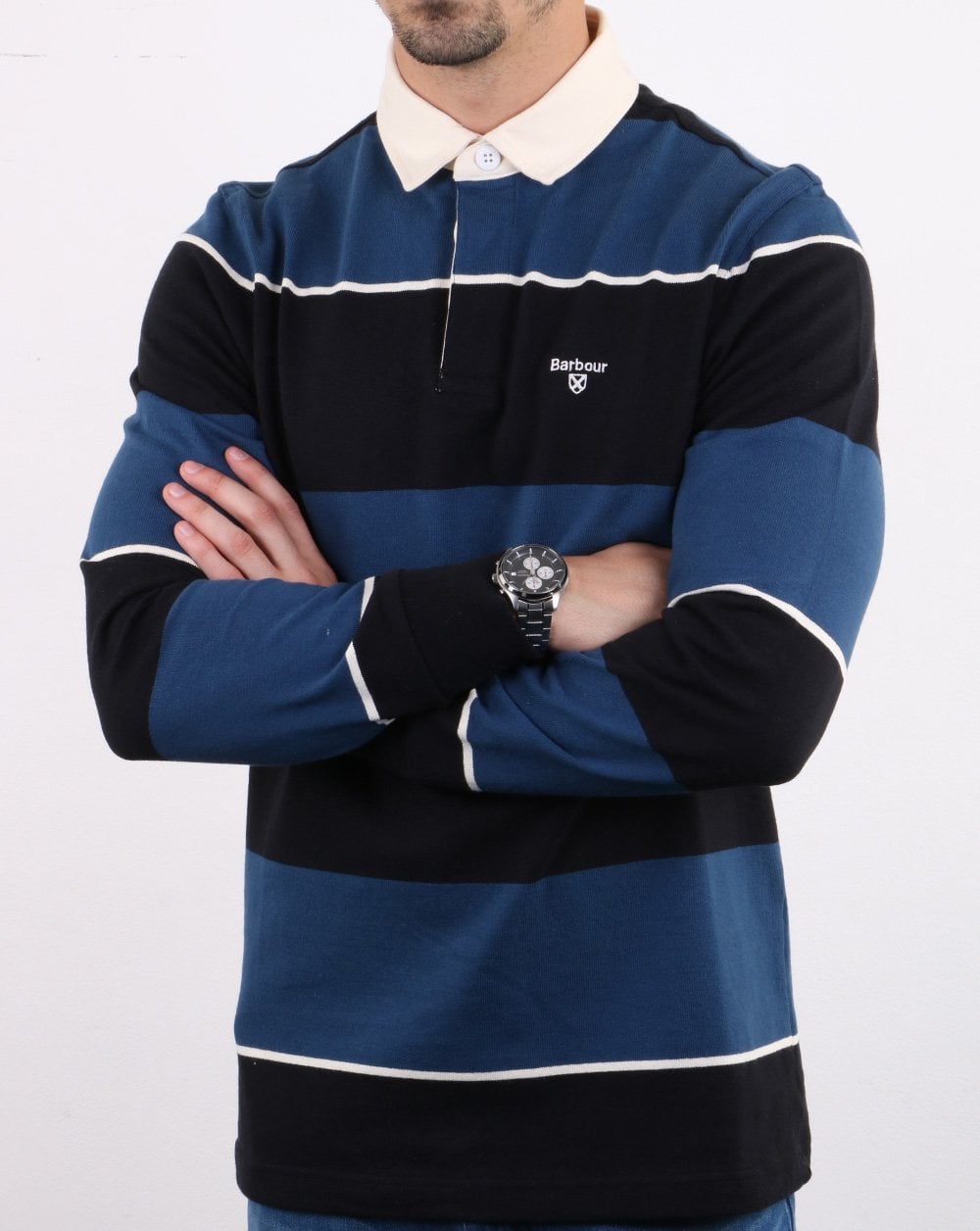 Barbour – Lark – Gestreiftes Rugby-Shirt in Marineblau