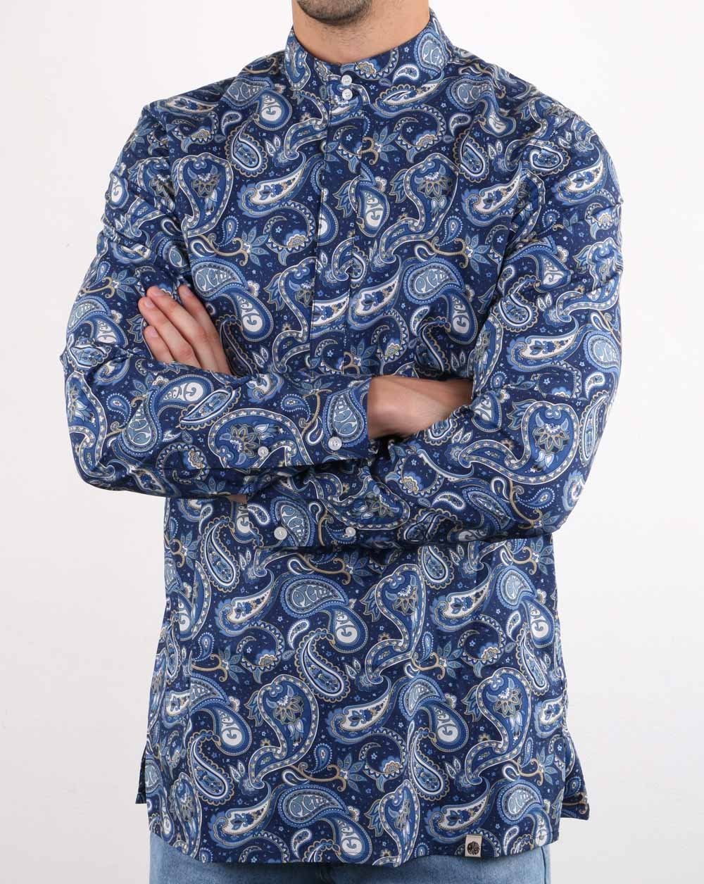 Pretty Green Mens Paisley Print Kaftan Shirt Navy