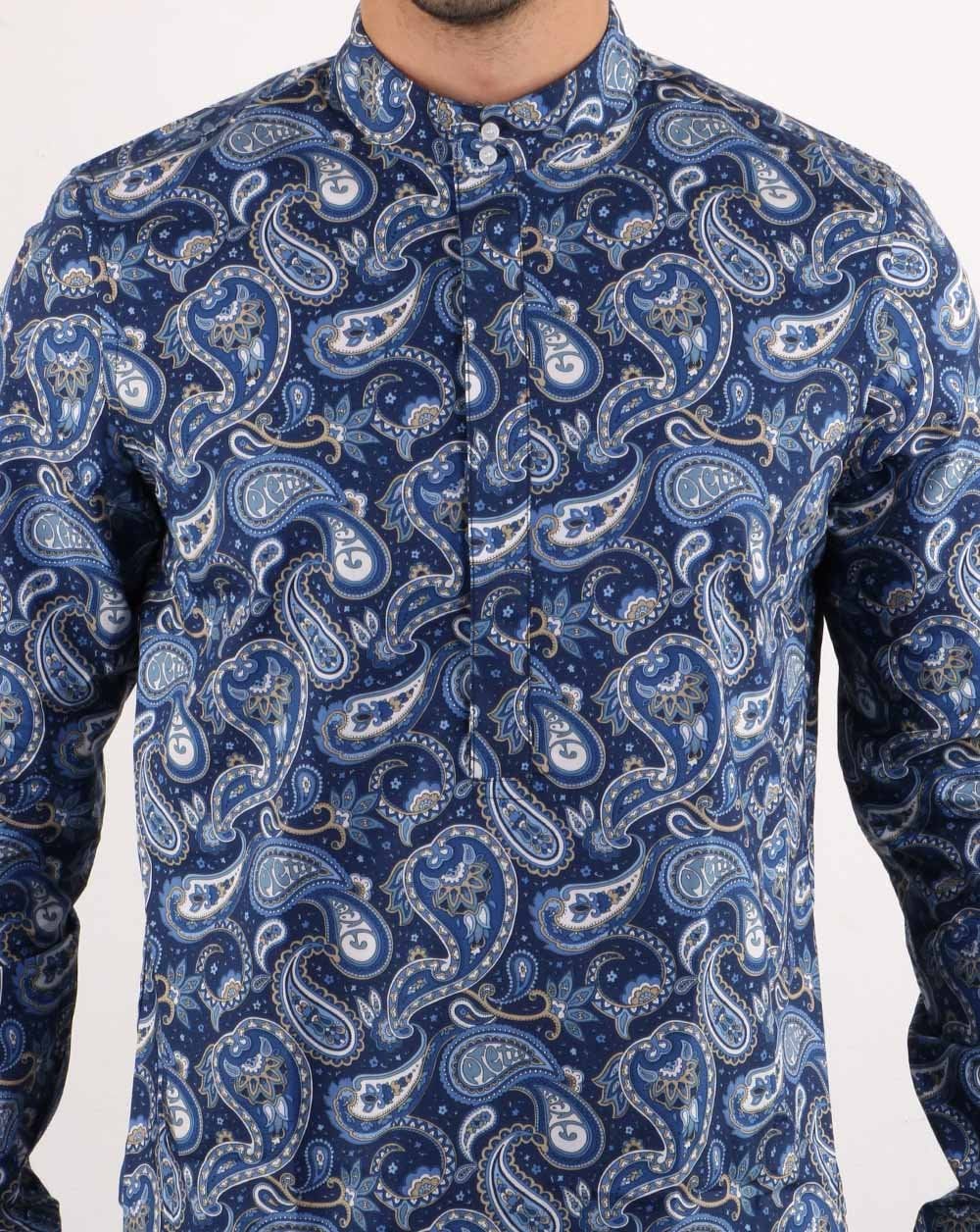 Pretty Green Mens Paisley Print Kaftan Shirt Navy