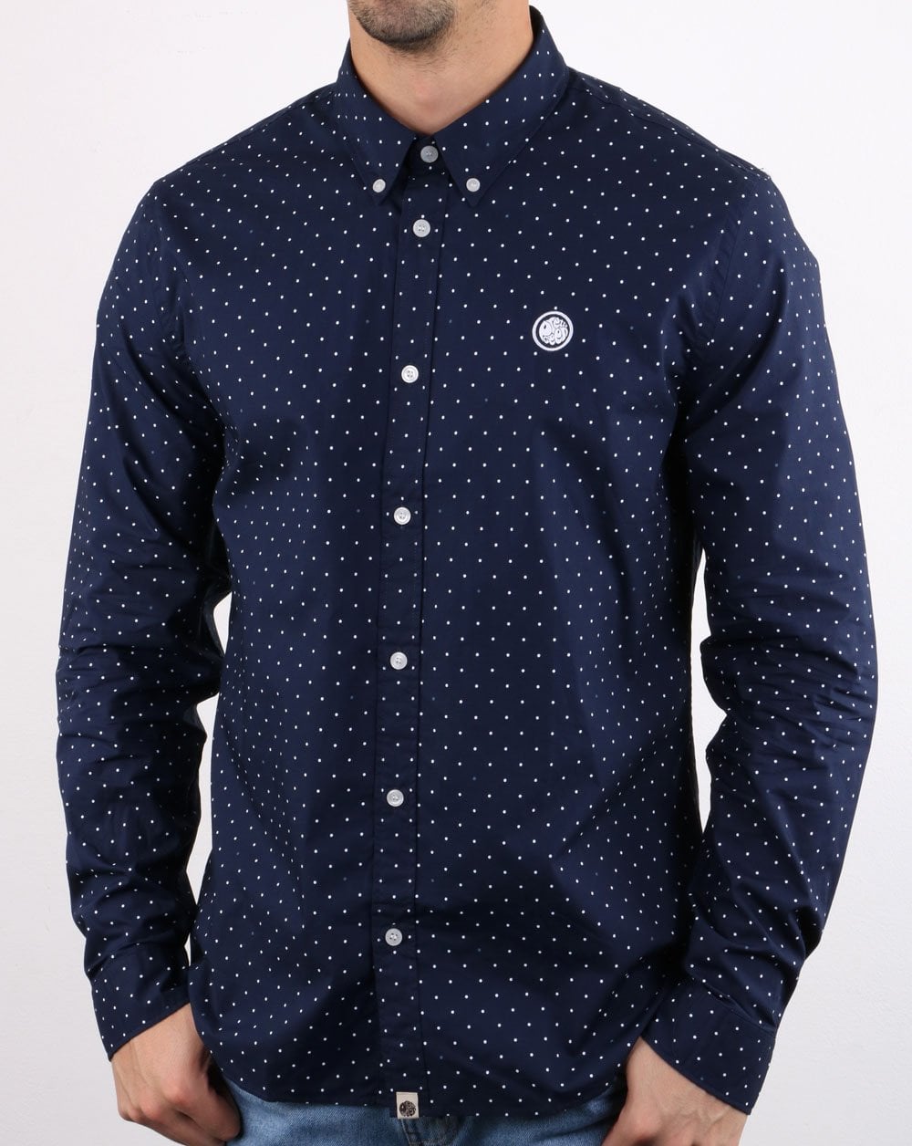 Pretty Green Horlock Long Sleeved Polka Dot Shirt Navy