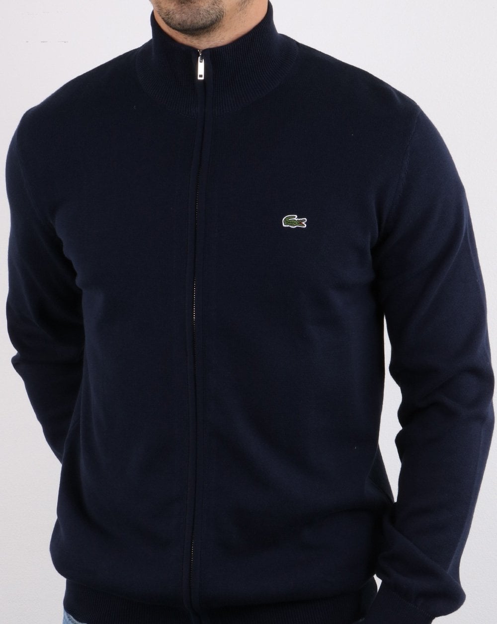 Lacoste – Strickoberteil mit Trichterhals und Reißverschluss in Marineblau