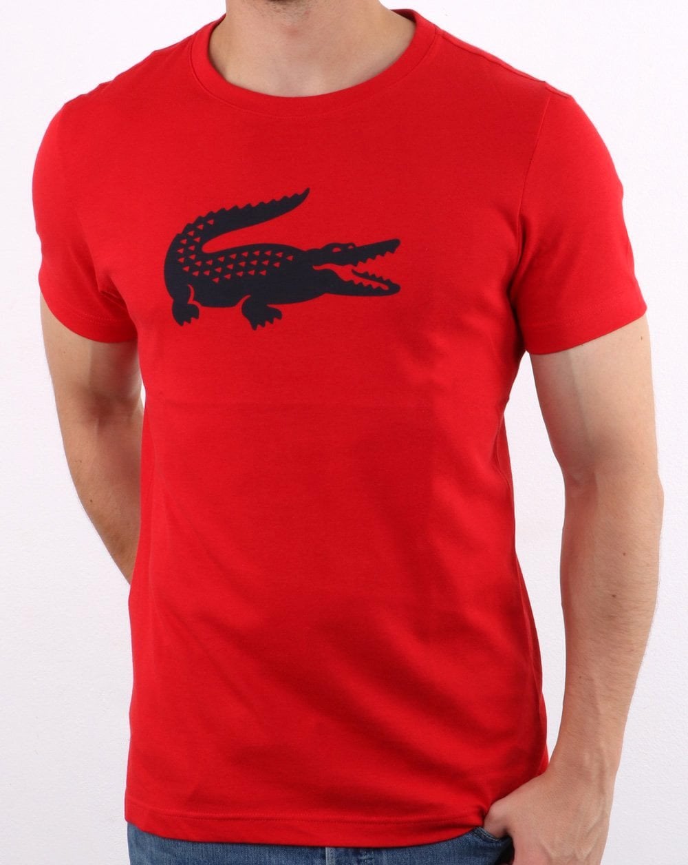 Lacoste – T-Shirt mit Krokodil-Print, Rot/Marineblau