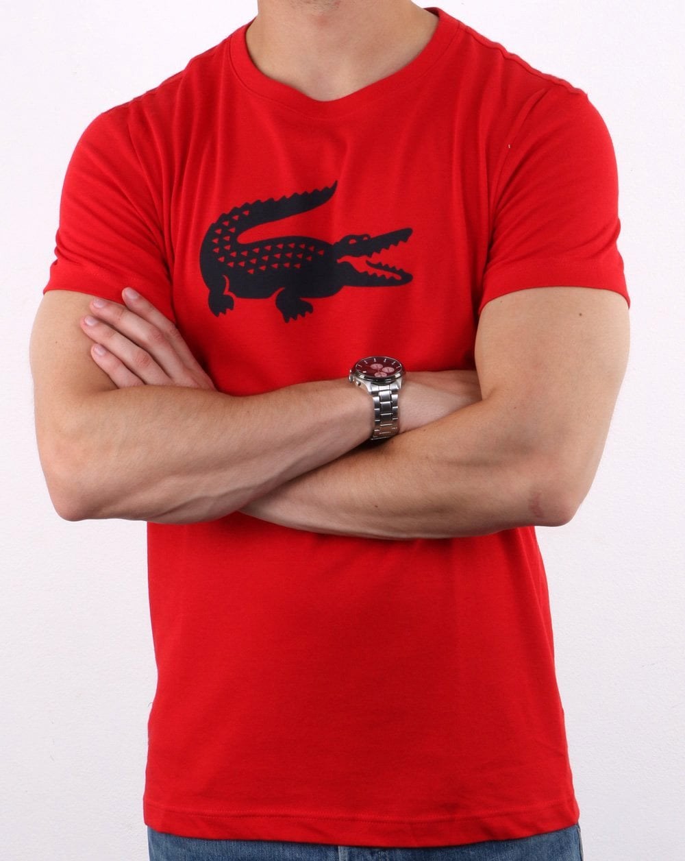 Lacoste – T-Shirt mit Krokodil-Print, Rot/Marineblau