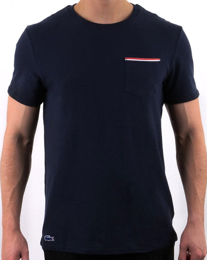 Lacoste – Gestreiftes T-Shirt mit Tasche in Marineblau