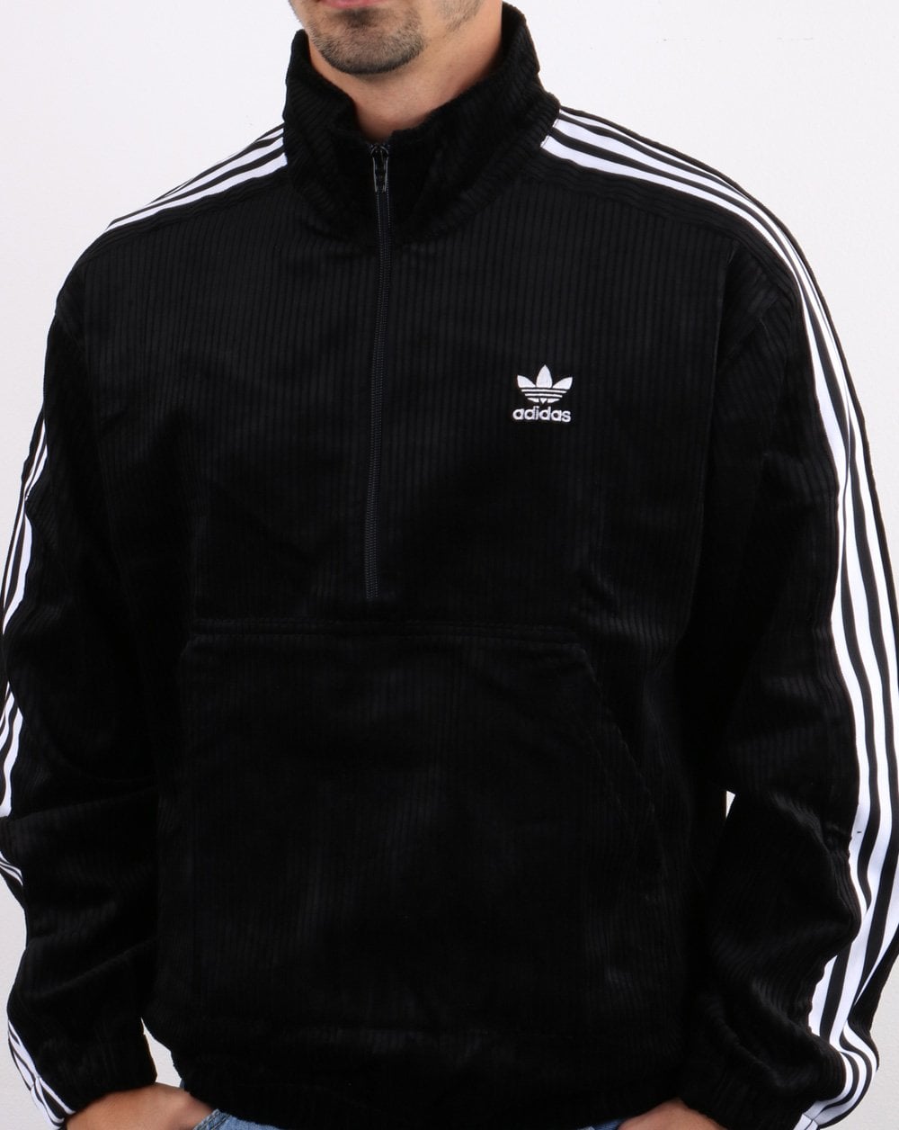 Adidas Originals – Schwarzes Cord-Oberteil mit halbem Reißverschluss