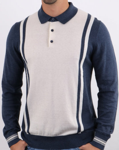 Ben Sherman Langärmliges Poloshirt aus gestreiftem Strick Dunkelblau