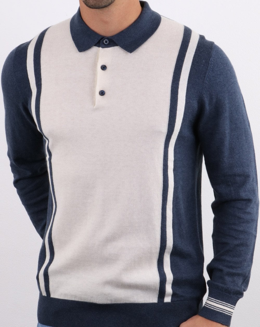Ben Sherman Langärmliges Poloshirt aus gestreiftem Strick Dunkelblau