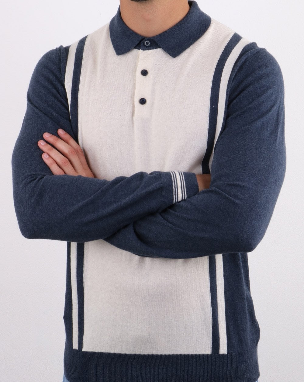 Ben Sherman Langärmliges Poloshirt aus gestreiftem Strick Dunkelblau