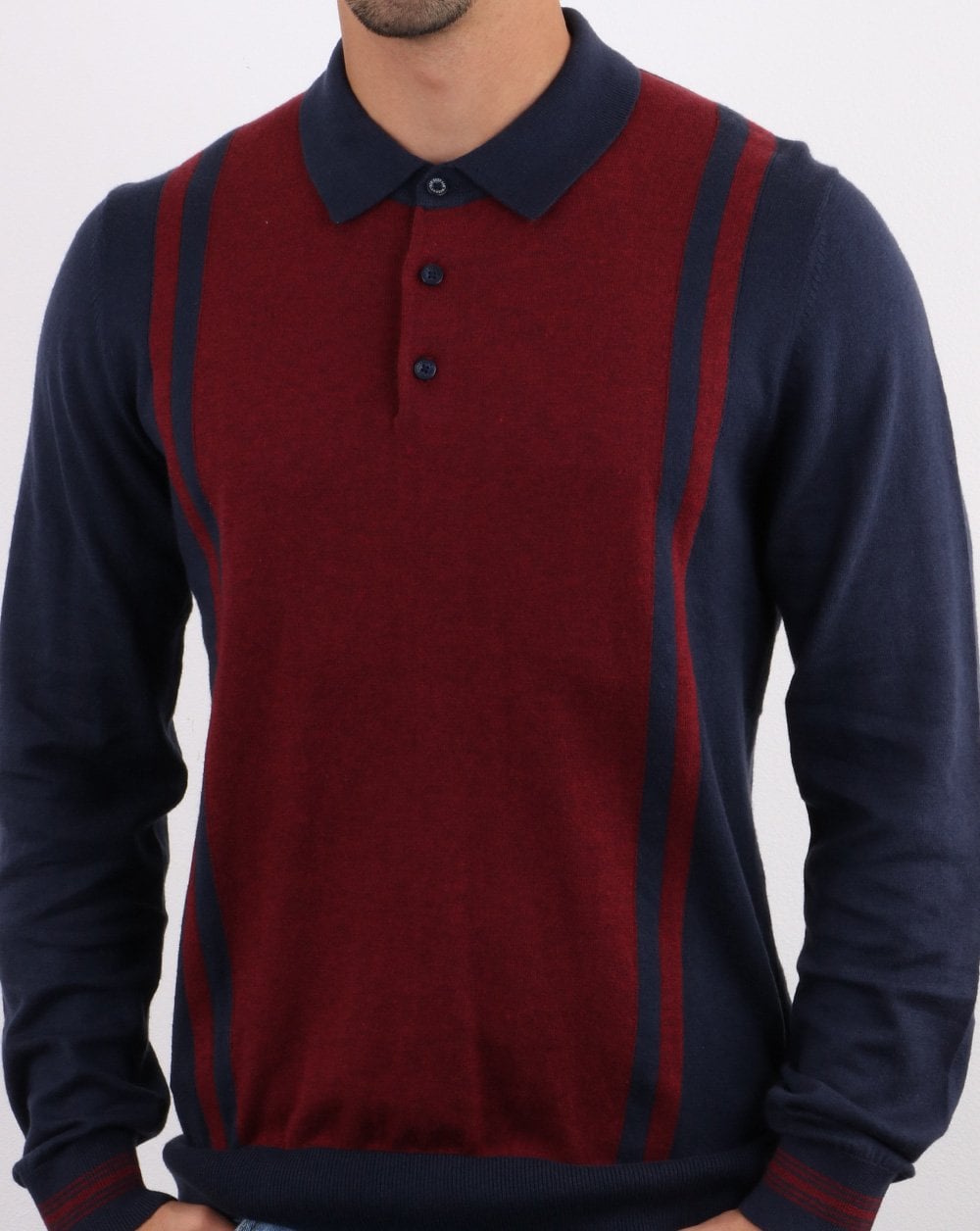 Ben Sherman Long Sleeve Stripe Knit Polo Dark Navy