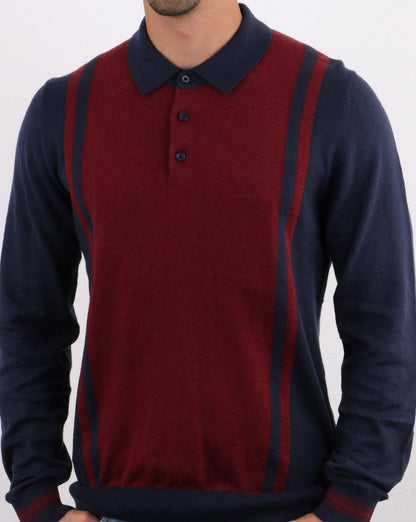 Ben Sherman – Langärmliges Poloshirt aus gestreiftem Strick in Dunkelmarineblau