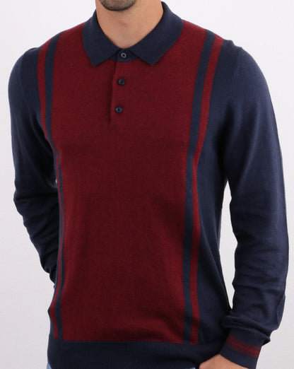 Ben Sherman – Langärmliges Poloshirt aus gestreiftem Strick in Dunkelmarineblau