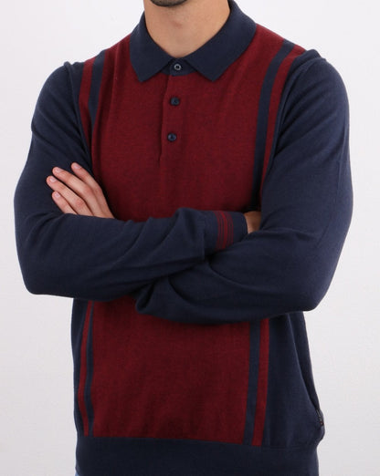 Ben Sherman – Langärmliges Poloshirt aus gestreiftem Strick in Dunkelmarineblau