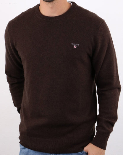 Gant Lammwollpullover mit Rundhalsausschnitt Dunkelbraun