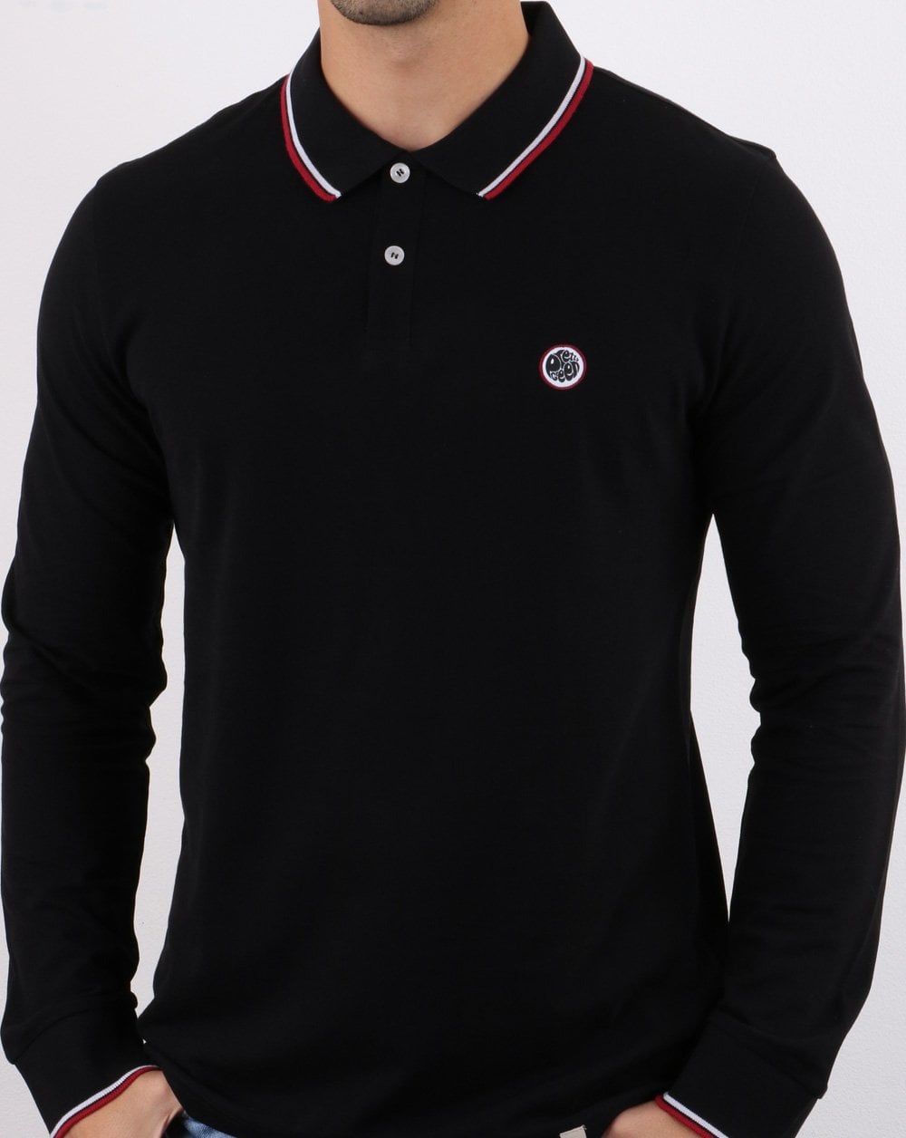 Pretty Green Tipped Long Sleeve Polo Shirt Black