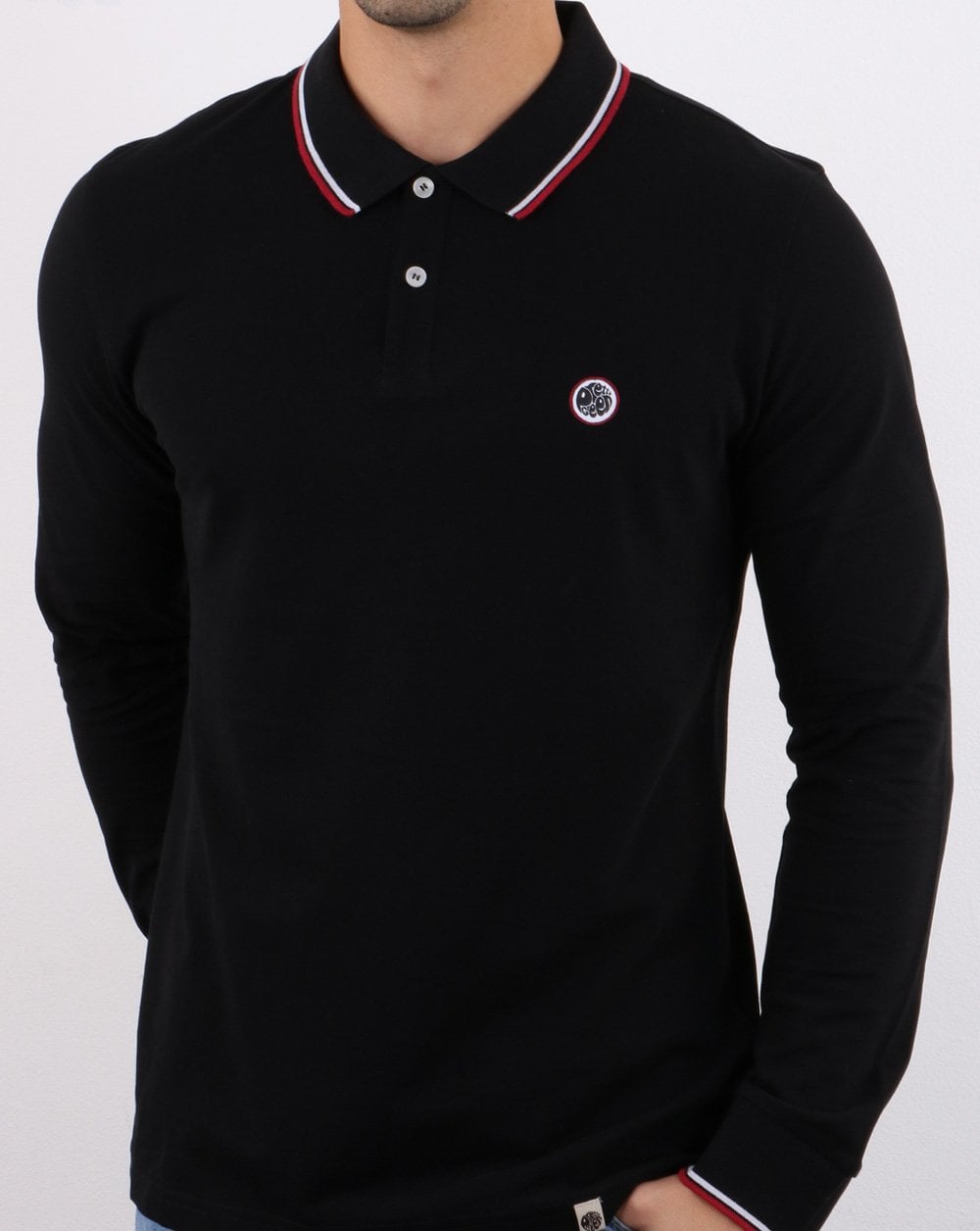 Pretty Green Tipped Long Sleeve Polo Shirt Black