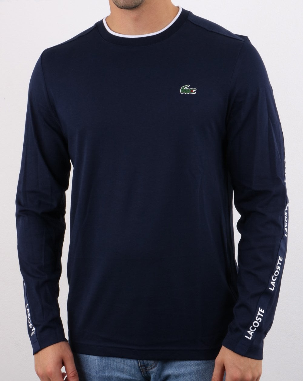 Lacoste – Langarm-T-Shirt mit Taping, Marineblau/Weiß