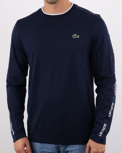Lacoste – Langarm-T-Shirt mit Taping, Marineblau/Weiß