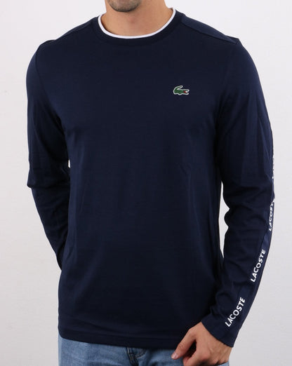 Lacoste – Langarm-T-Shirt mit Taping, Marineblau/Weiß